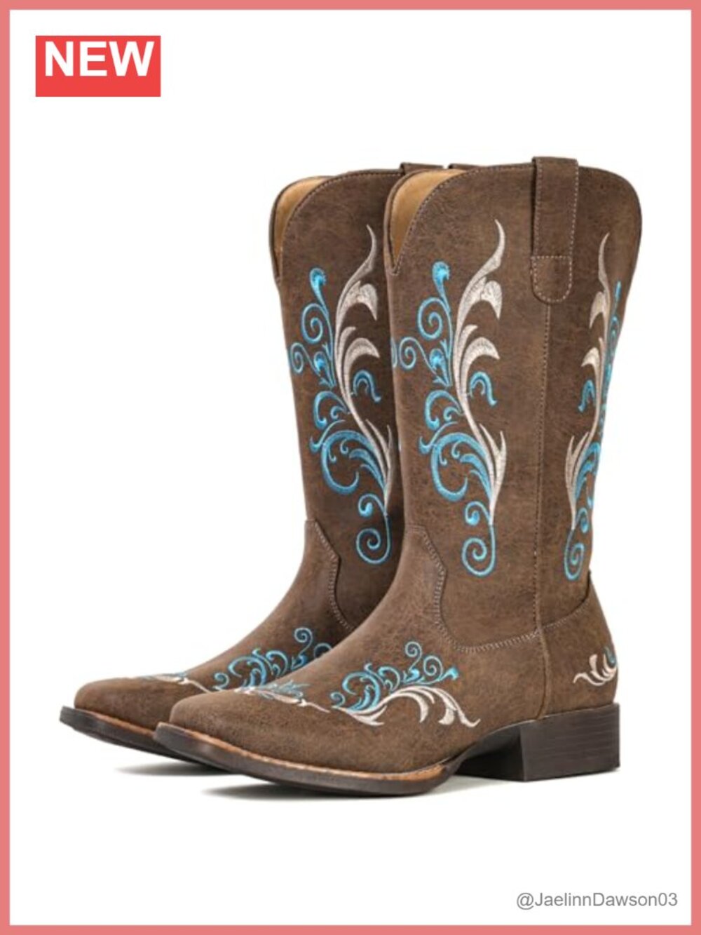 Women's Mid Calf Cowboy Boots Square Toe Faux Leather Slip On Western Shoes